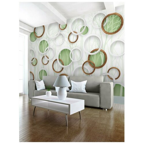 фото Фотообои природа 3d белые и коричневые круги на бело-зеленом фоне деревьев/ красивые уютные обои на стену в интерьер комнаты/ 3д расширяющие пространство над кроватью или над столом/ на кухню в спальню детскую зал гостиную прихожую/ размер 400х270см/ флизелиновые топ фотообои,топ фотообои