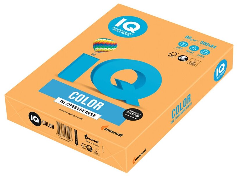 Бумага IQ "Color neon" А4, 80г/м2, 500л. (оранжевый неон)