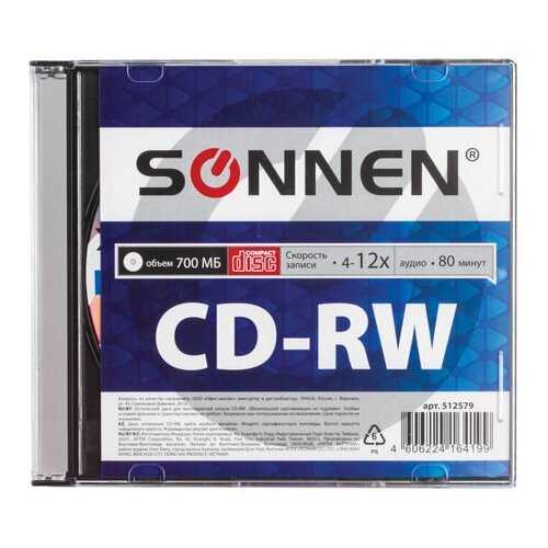 Диск CD-RW SONNEN, 700 Mb, 4-12x, Slim Case (1 штука), 512579