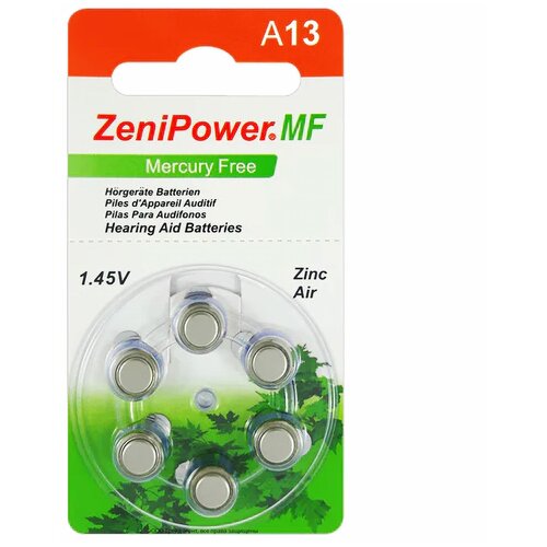 Батарейки ZeniPower 13 (PR48) для слухового аппарата, 1 блистер (6 батареек)