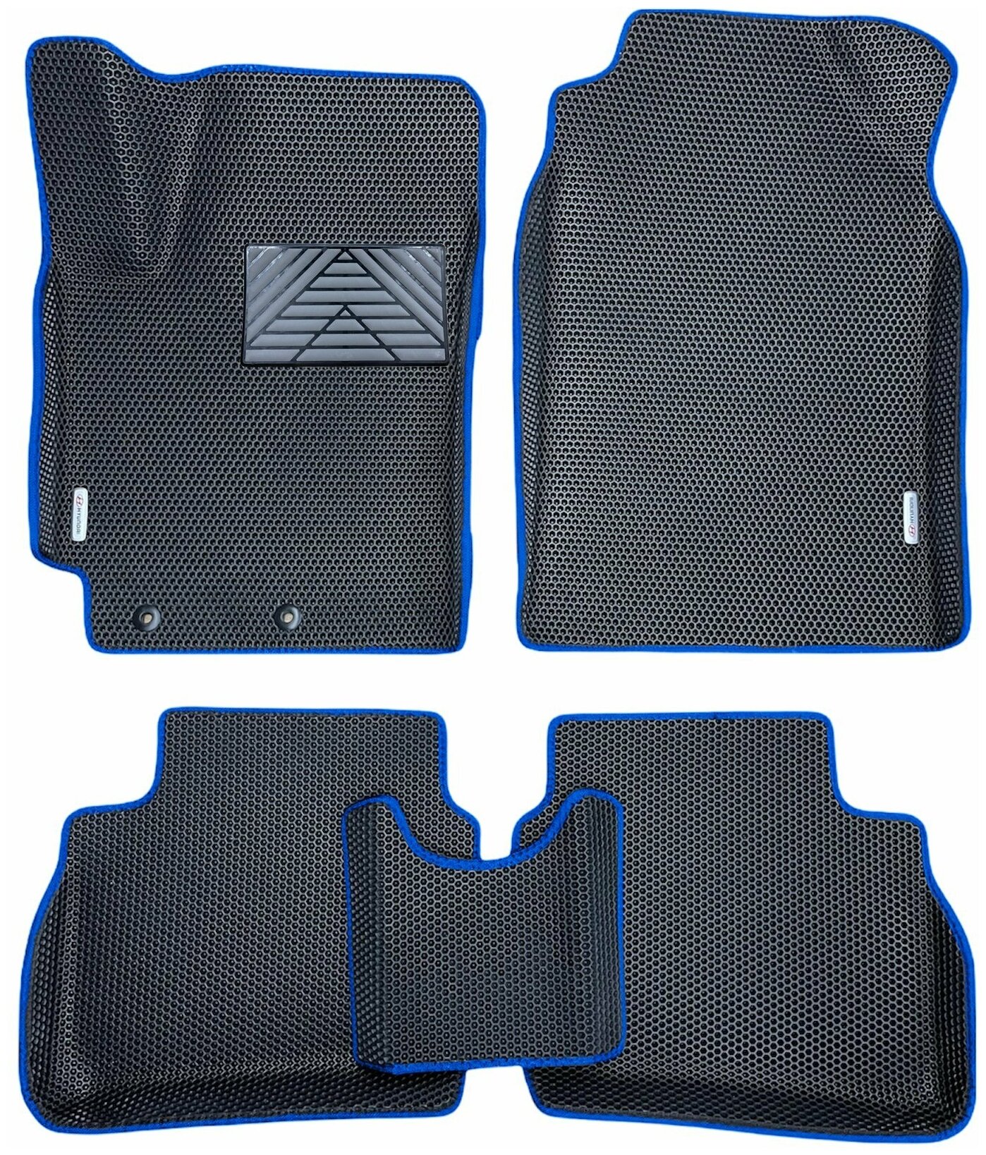 Автомобильные коврики EVA / ЕВА для Hyundai Solaris II 2017- н. в. / Хендай Солярис 2 черный(сота)-синий + резин подпятник + 2 лого 3D 3д с бортами