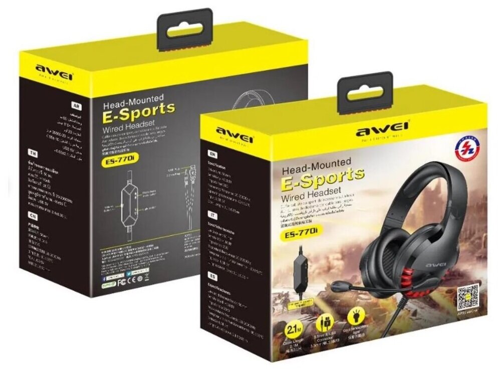 Наушники игровые AWEI E-Sports ES-770i с плавающим микрофоном + подсветка, Складные, 2.1 м, Черный