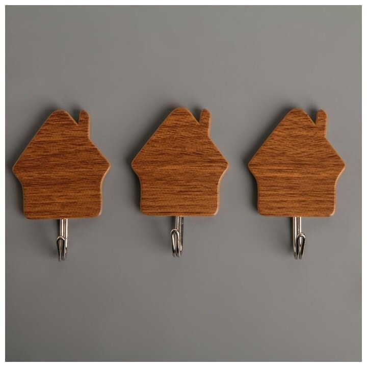 Набор крючков на липучке "Деревянные домики", 3 шт, цвет тёмное дерево - фотография № 6