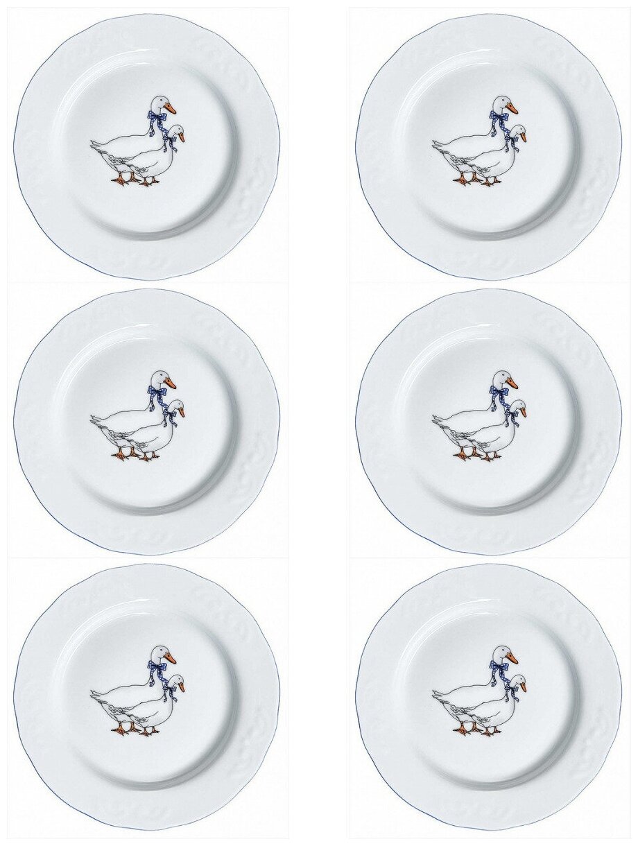 Набор тарелок "Надежда/Гуси " плоских круглых, белых, фарфорофых, 6 штук