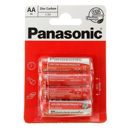 Батарейка солевая Panasonic Zinc Carbon, AA, R6-4BL, 1.5В, блистер, 4 шт./В упаковке шт: 1