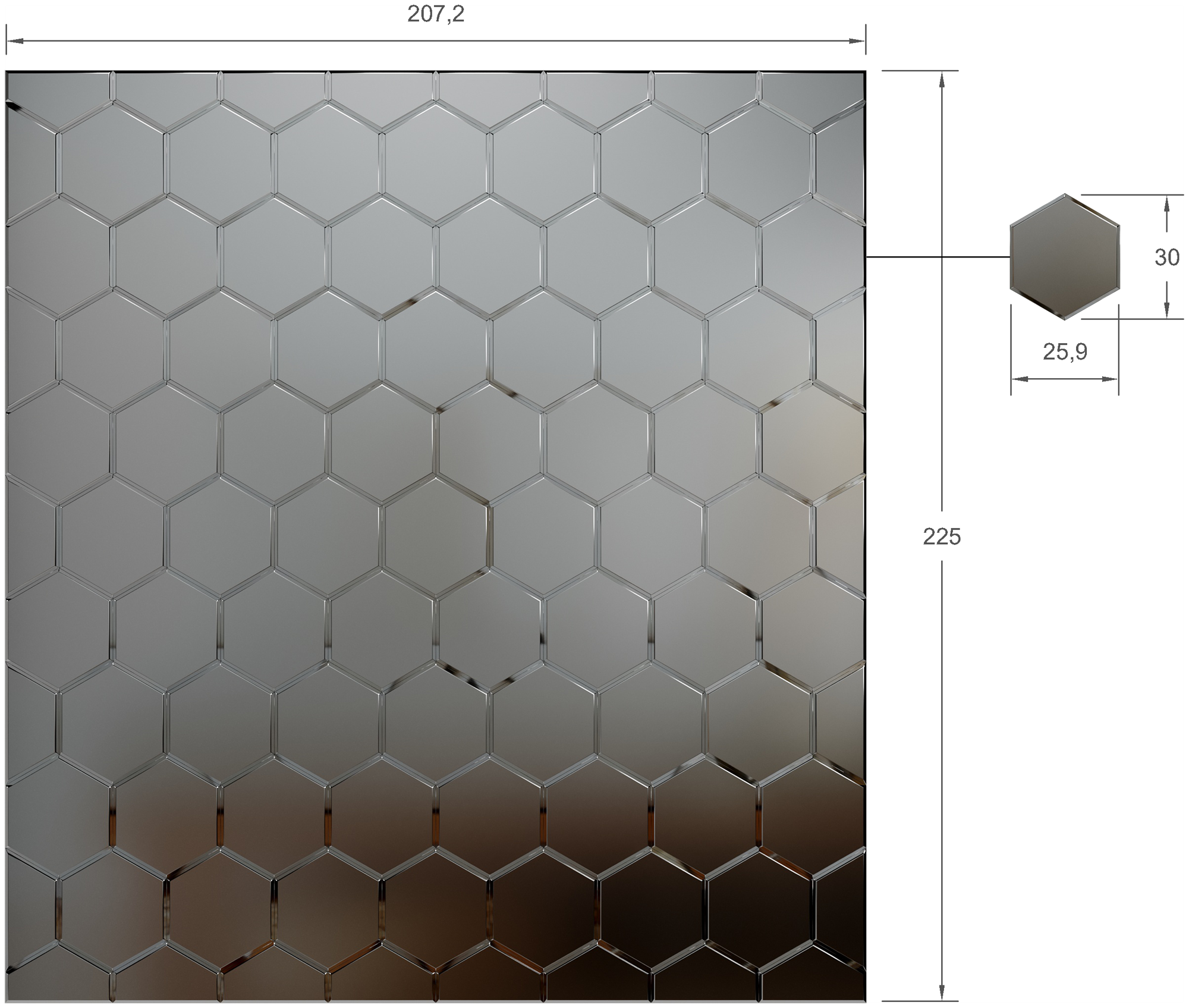 Зеркальное панно 207,2х225см, размер плитки 30х25,9см. Сота графит матовый "ДСТ"