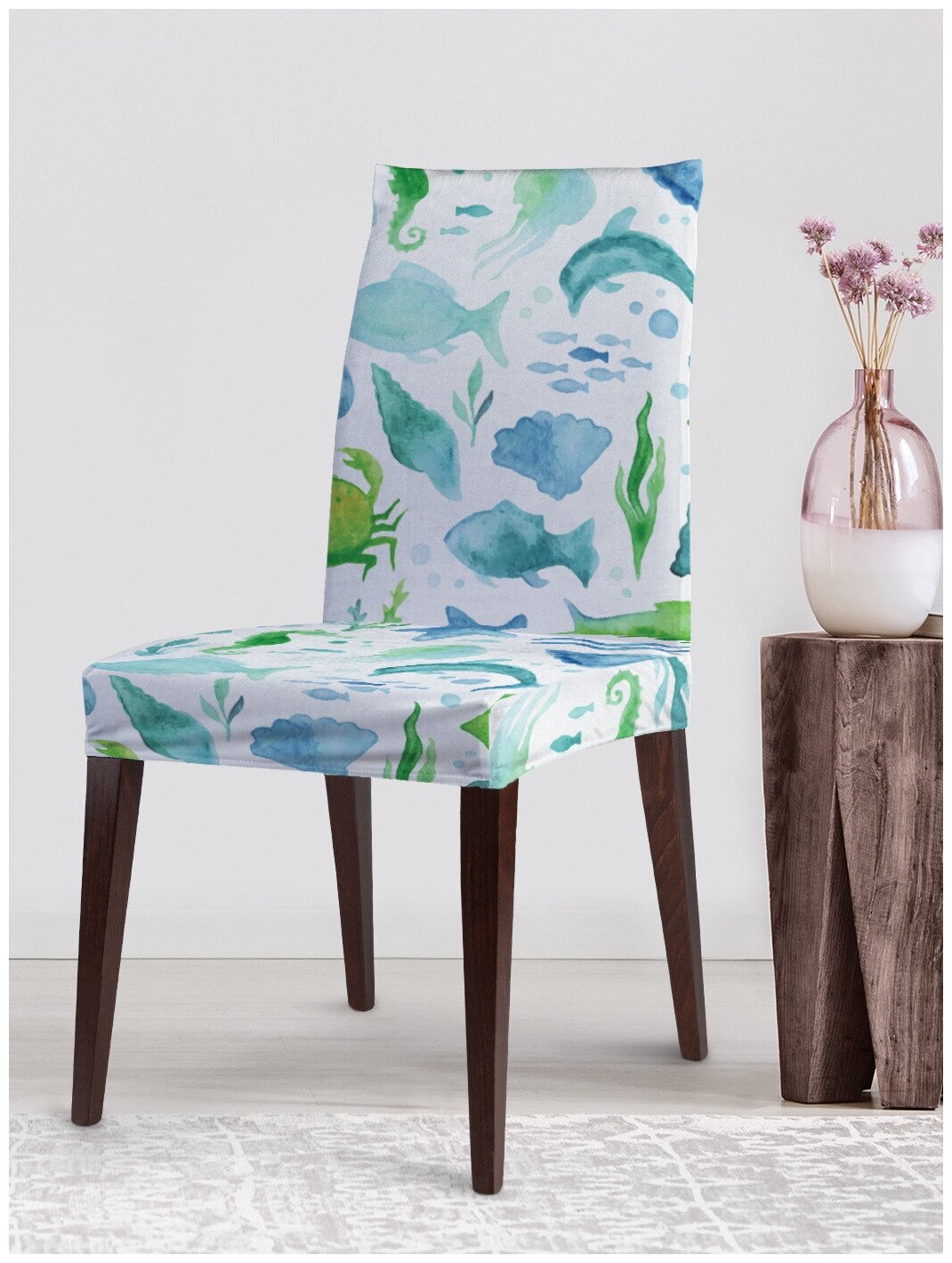 Декоративный чехол на стул JoyArty "Морское разнообразие" со спинкой велюровый
