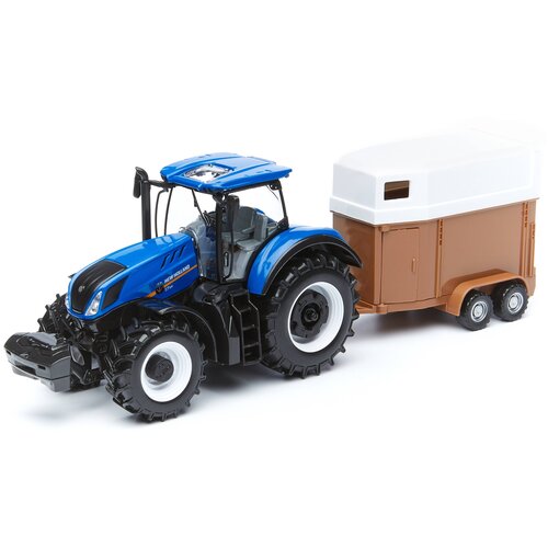 фото Bburago "коллекционный трактор с прицепом-трейлером bb 18-44069 1:32 new holland farm tractor with trailer, синий"