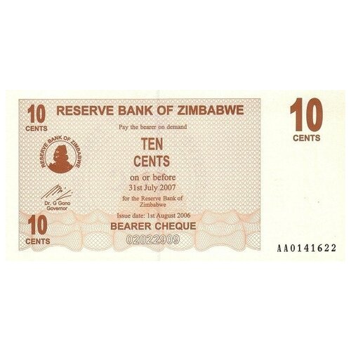 Зимбабве 10 центов 2006 Чек на предъявителя UNC зимбабве 5 центов 2006