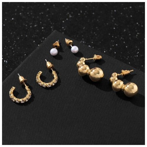 фото Серьги набор 3 пары "нежность" дорожка бусин, цвет белый в золоте, d=2.5 yandex market