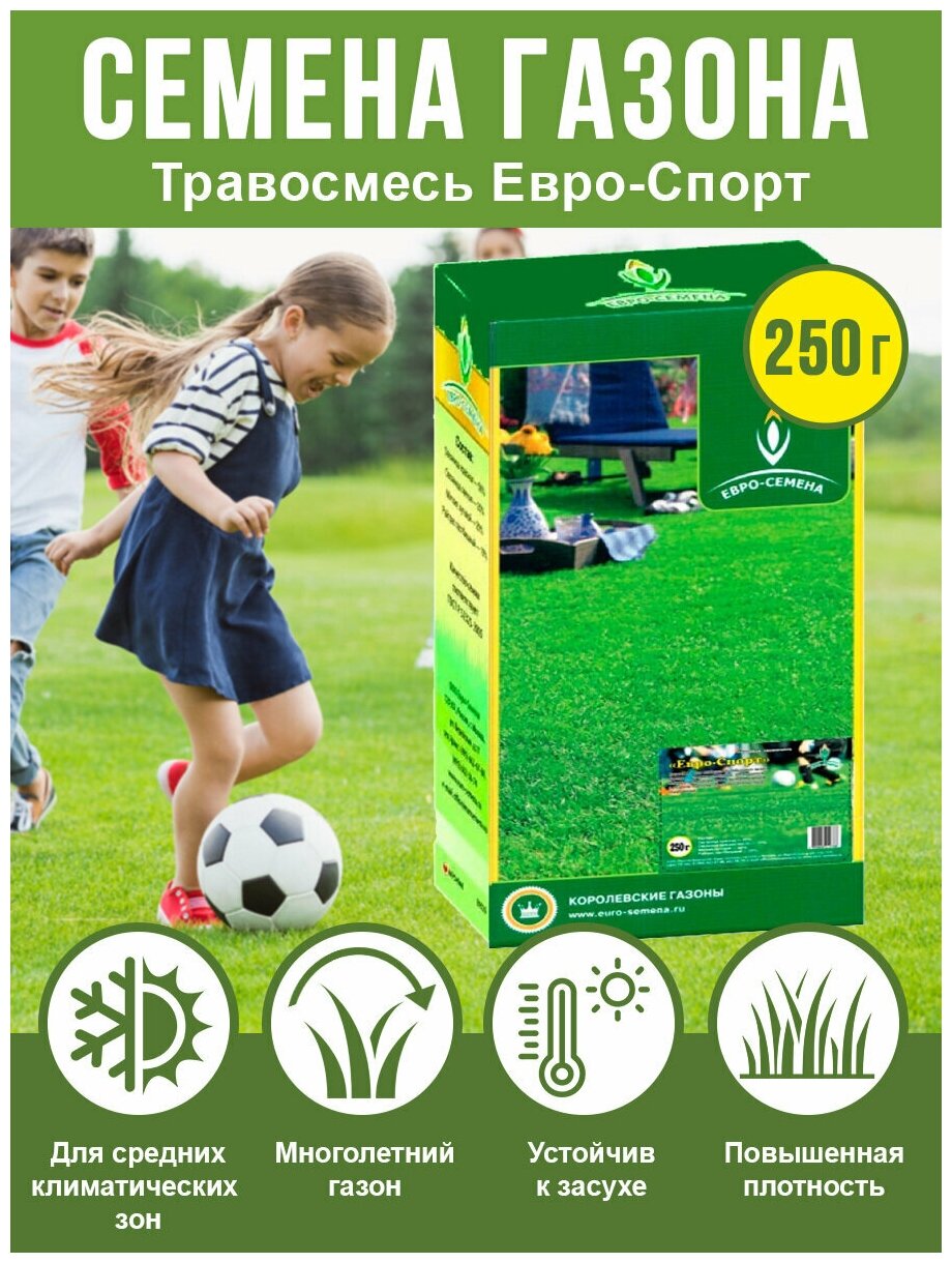 Газонная трава, Семена газонной травы для футбольных полей, кортов и детских игровых площадок, Евро-Спорт 250гр