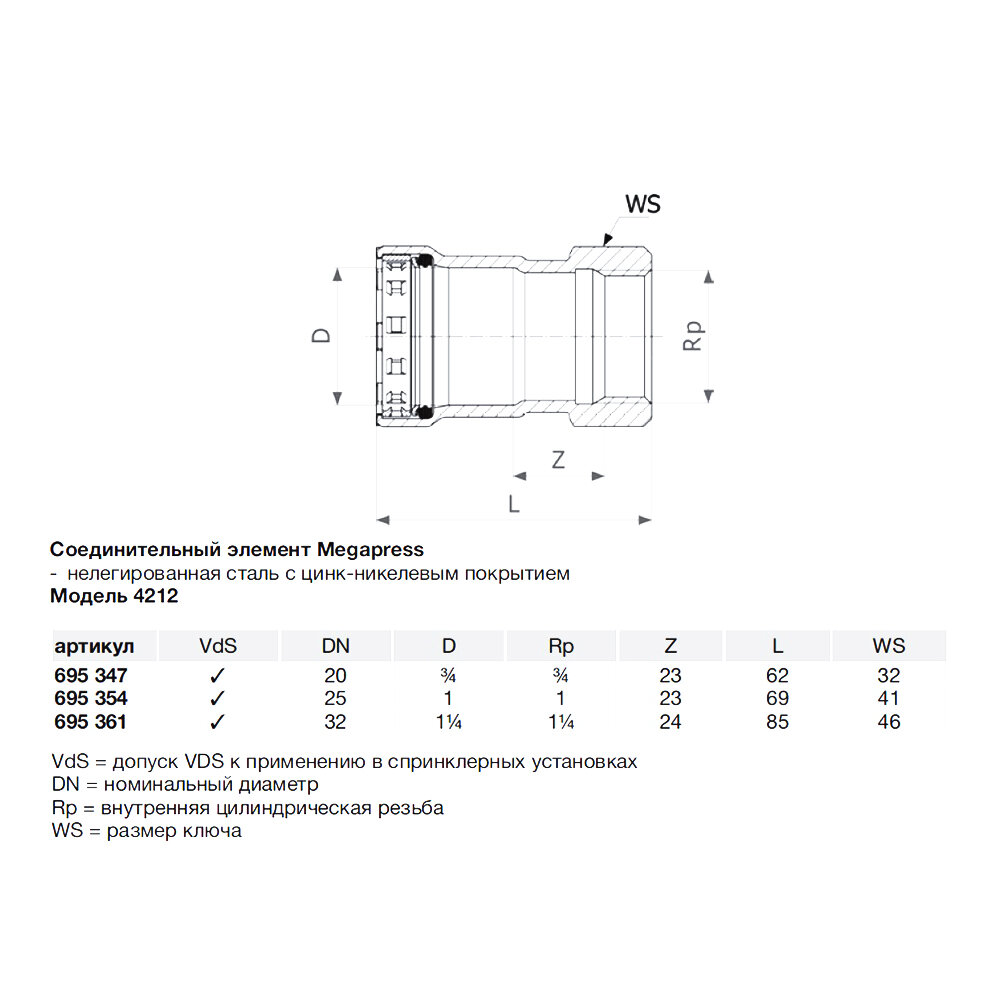 Муфта Viega Megapress SC-Contur (695354) 1 ВР(г) DN25 пресс нелегированная сталь с цинко-никелевым покрытием