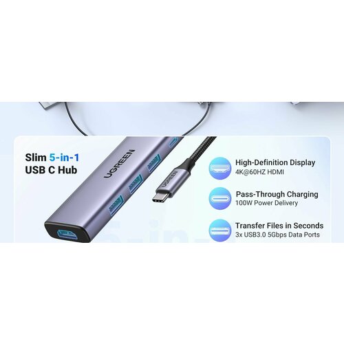 Конвертер UGREEN CM511 (15597) USB-C To HDMI+3*USB 3.0 A+PD Power Converter - Gray серый, серебристый
