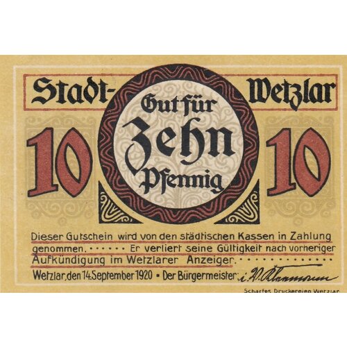 Германия (Веймарская Республика) Вецлар 10 пфеннигов 1920 г.