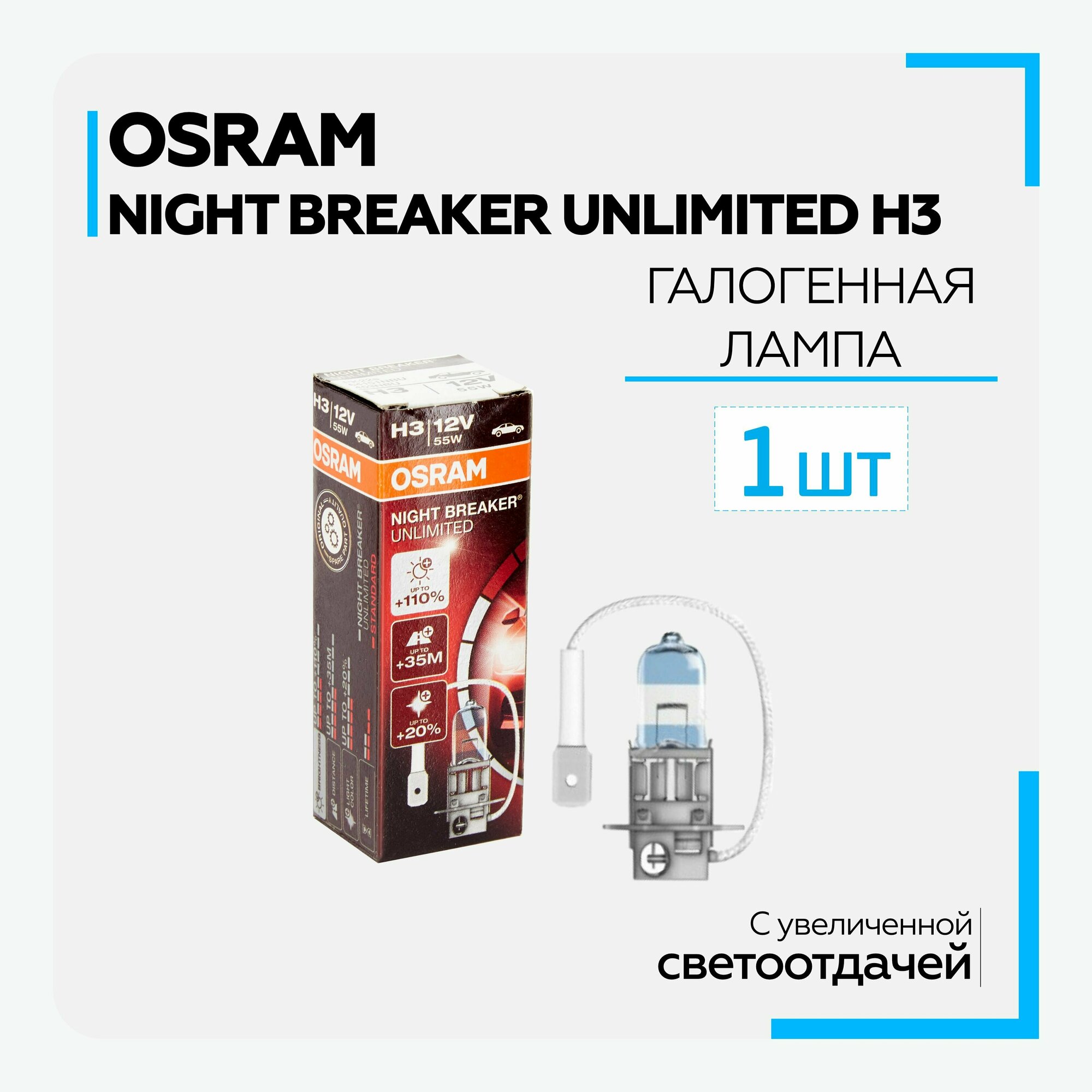 Лампа автомобильная галогенная Osram Night Breaker unlimited +110% - H3-12v 55w (64151NBU) (1 шт.)