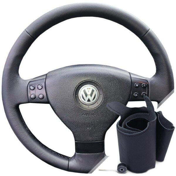 Оплетка на руль из натуральной кожи Volkswagen Tiguan I 2007-2010 г. в. (для замены штатной кожи, черная) #0238