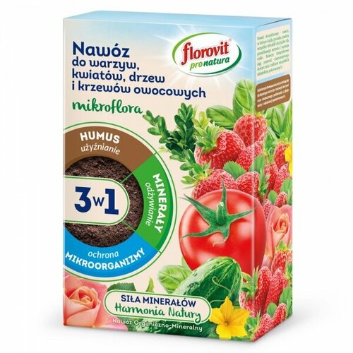 Florovit pro natura mikroflora гранулированное удобрение 3 в 1, органоминеральное, для овощей, цветов, фруктовых деревьев и кустарников, 1 кг