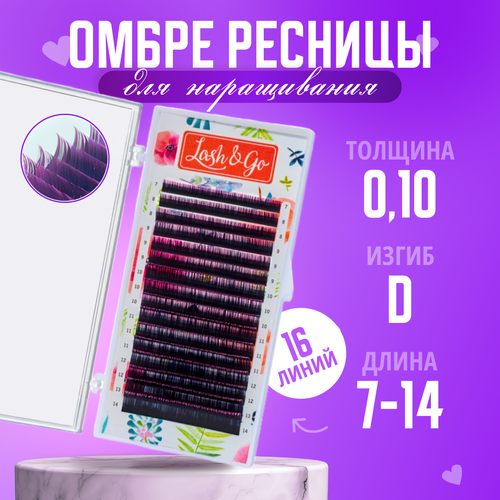 Lash&Go Ресницы для наращивания Цветные Омбре микс D/0,10/7-14 mm Фиолетовый( 16 линий)/ Ресницы для наращивания Цветные Омбре Лэш энд Гоу