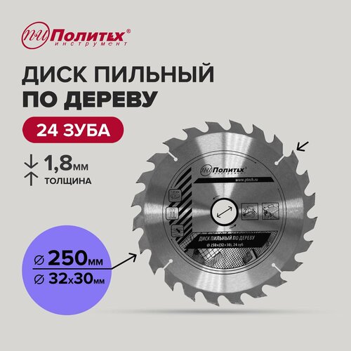 Диск пильный по дереву 250 мм 24 зубьев, Политех Инструмент