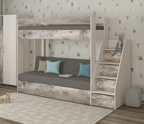 Изображение товара Кровать двухъярусная с диваном и лестницей-комодом Есэндвич Лаворо (Анкор белый/Бетон пайн экзотик/Savana Latte)