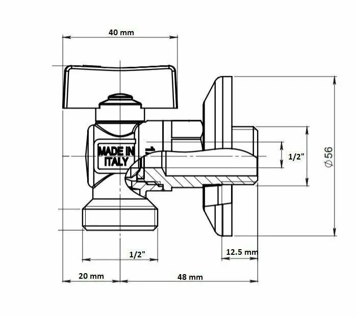 Кран шаровый 1/2" x 1/2" угловой для стиральных машин Bugatti 883