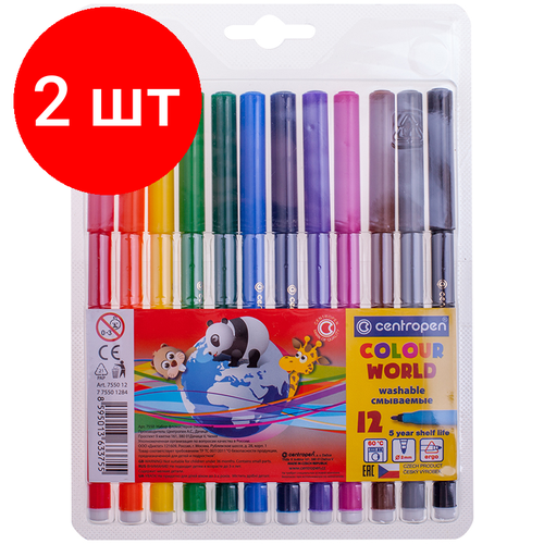 Комплект 2 шт, Фломастеры Centropen Colour World, 12цв, трехгранные, смываемые, блистер