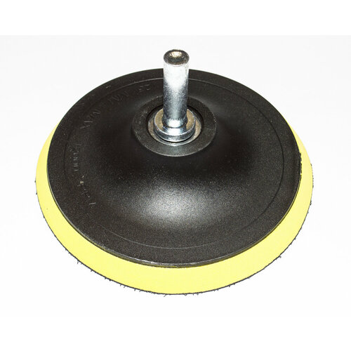 Тарелка опорная с липучкой для УШМ болгарки диаметр 125 мм толщина 10 мм с переходником под дрель хвостовик цилиндрический 10 мм 349₽