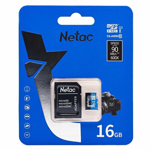 Карта памяти Netac P500 Standard UHS-I MicroSD, 16 Гб, с SD адаптером, class 10, 1 шт