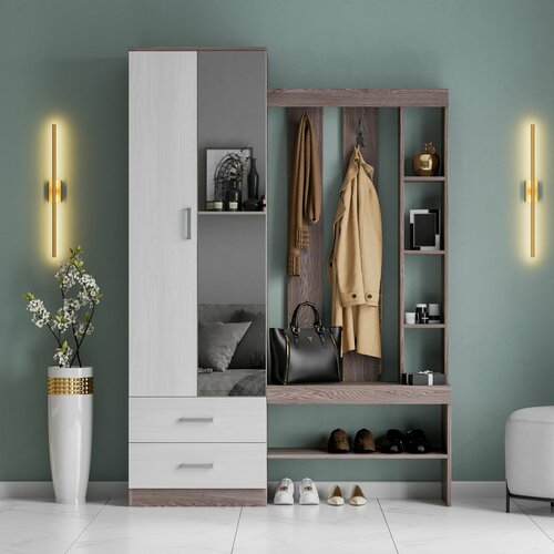 Прихожая Крит 3 от Астрид-Мебель, с зеркалом, шкафом, ящиками и вешалкой, 140x36x200 см. цвет Анкор темный/Анкор белый