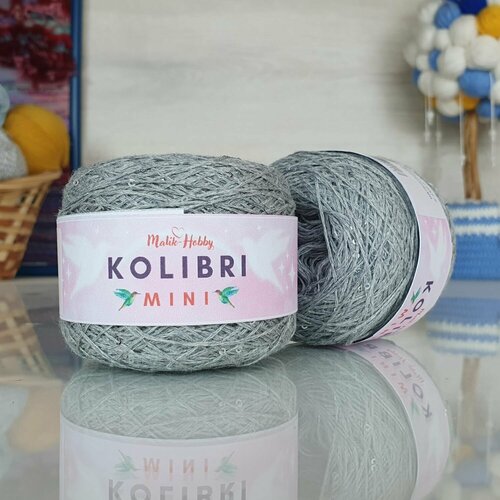 Пряжа MALIK HOBBY Колибри мини серый меланж с серебряными пайетками - 037 95 хлопок 5 пайетки 2 мотка 50 г 425 м 720₽