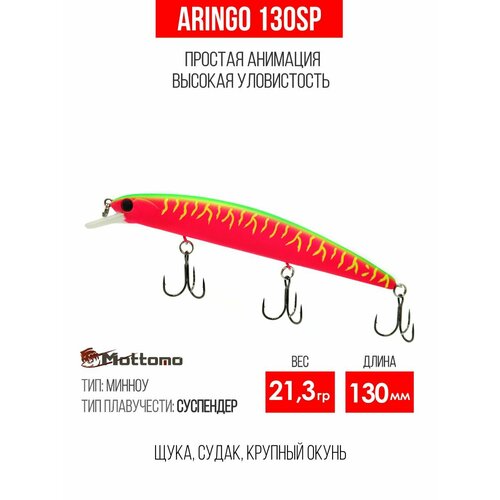 Воблер для рыбалки Mottomo Aringo 130SP 21,3g, минноу суспендер для спиннинга, твичинга. Приманка на щуку Watermelon Pink