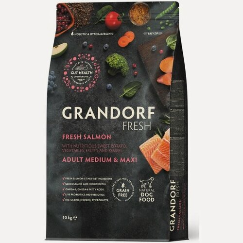 Изображение товара Корм сухой Grandorf Fresh , беззерновой с живыми пробиотиками, свежее филе лосося с бататом для собак средних и крупных пород, 10 кг