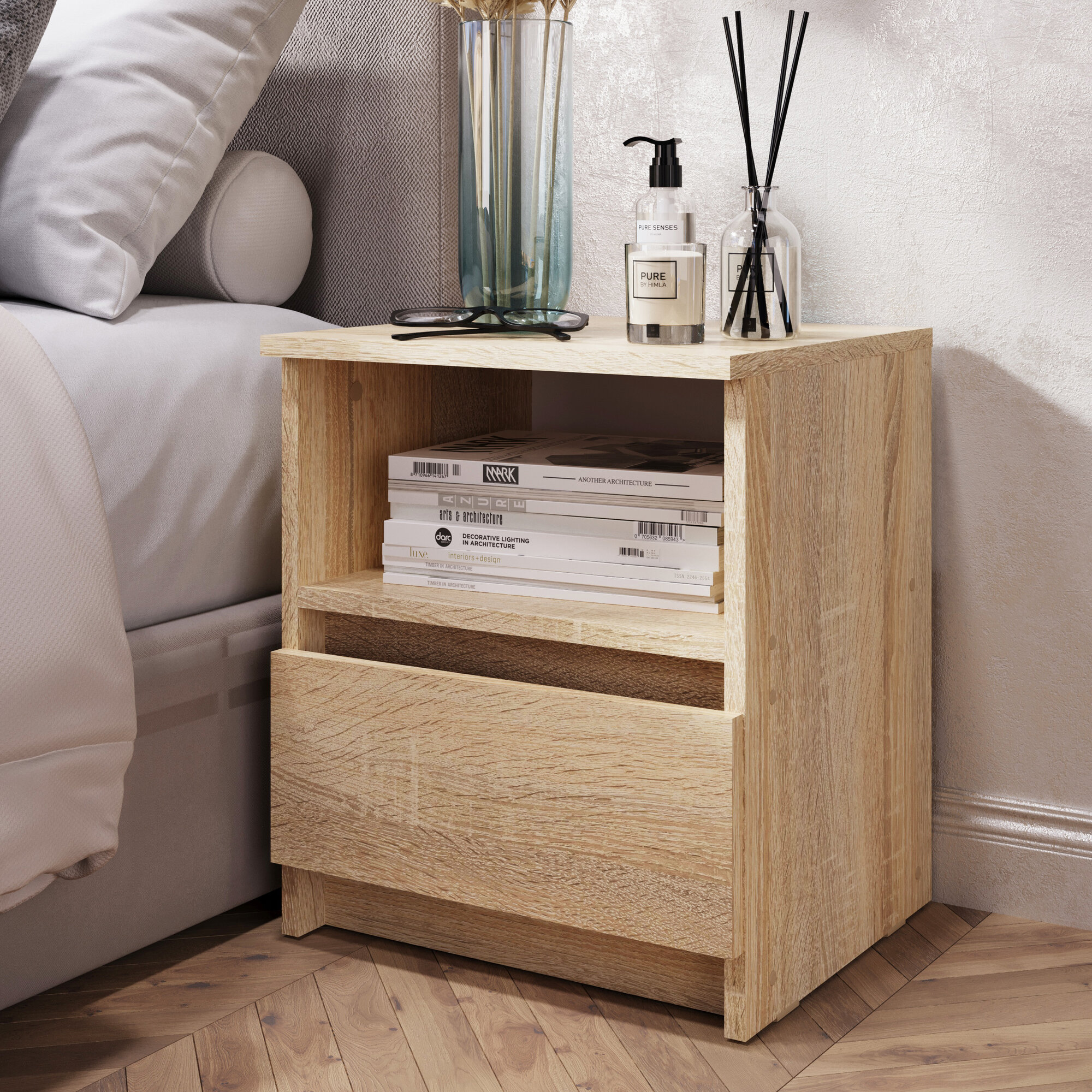 фото Тумба прикроватная дуб сонома ФЕНИКС-1К с ящиками 47х37х40 см