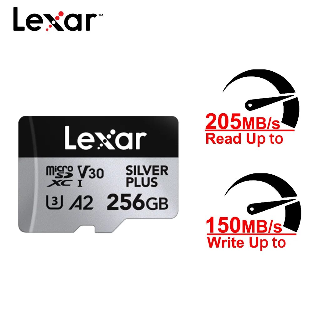 Карта памяти Lexar Silver Plus microSDXC 64 ГБ 128 ГБ 256 ГБ A2 V30 U3 Карта памяти Microsd TF Карта памяти Чтение 205 МБ/с для 4K Drone, 256GB