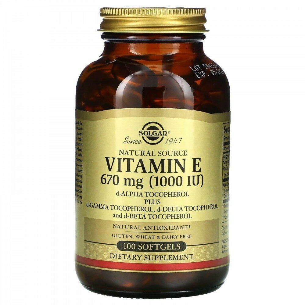 Витамин E Solgar, Natural Source Vitamin E, Витамин Е природного происхождения, 670 мг (1000 МЕ), 100 мягких желатиновых капсул