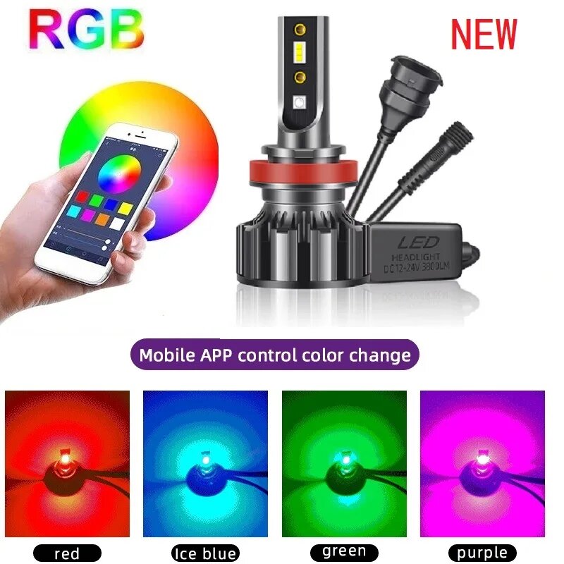 Пара светодиодных фар H7 RGB H1 APP Bluetooth-совместимое управление H3 H4 H8 H11 Многоцветные светодиодные лампы 9005 9006 для Camry Ford BMW, 9006, RGB — фото 1