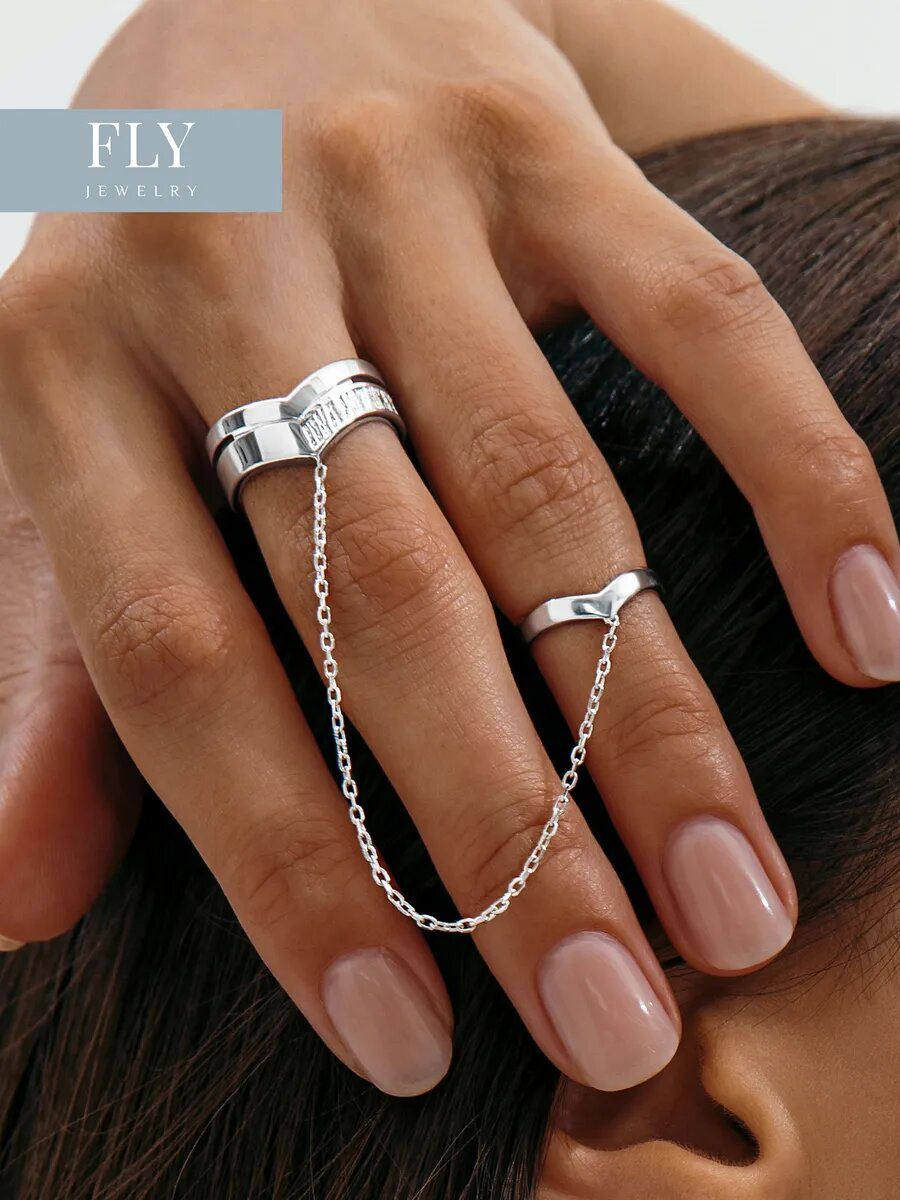 Кольцо на два пальца fly jewelry, серебро, 925 проба, родирование, размер 18.5, серебристый