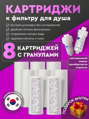 Изображение товара Сменные картриджи к фильтру для душа корейскому с гранулами от ржавчины, хлора и жёсткой воды. На лейку, смеситель. 8 шт