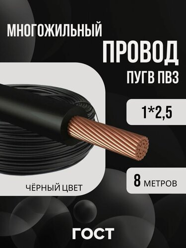 Изображение товара Провод электрический многожильный ПУГВ ПВ3 1х2.5 черный 8м