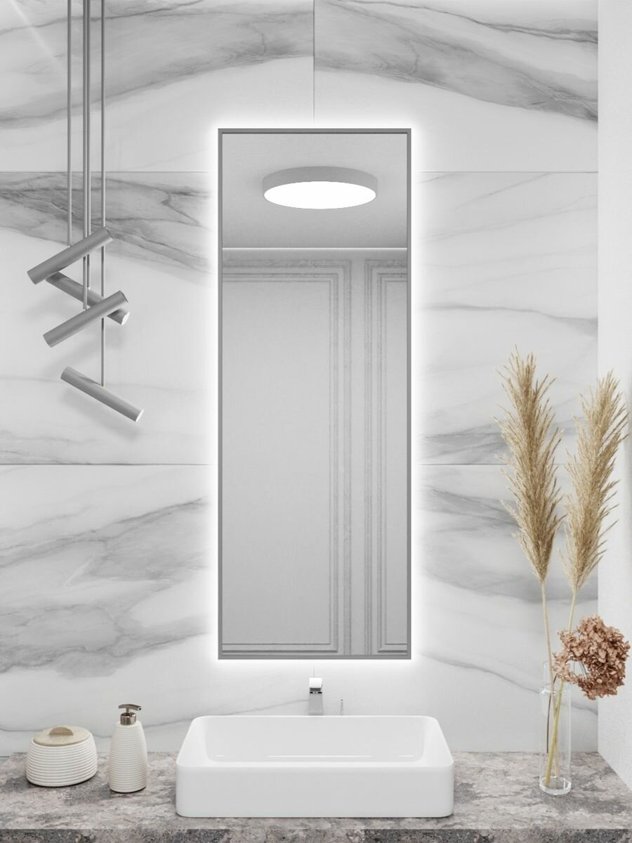 Зеркало с подсветкой в алюминиевой раме настенное ALUMIRROR 120х40 см. Свет: Холодный белый 6000К. Серебро