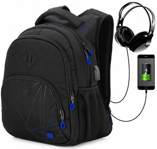 Школьный рюкзак для мальчиков подростков Skyname 90-143 черно-синий с анатомической спинкой и USB выход