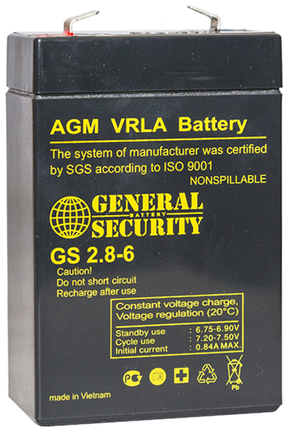 Аккумулятор General Security GSL 2.8-6 (6В 2.8Ач / 6V 2.8 Ah / вывод F1)