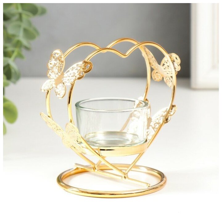 Подсвечник металл, стекло на 1 свечу "Сердце с бабочками" d-4 см золото 7,5х10х10 см