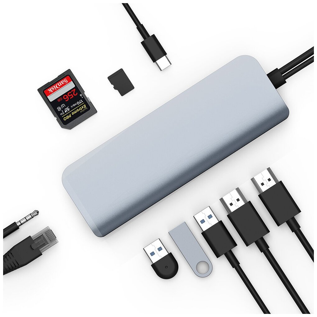 Мульти хаб HyperDrive VIPER 10-in-2 USB-C Hub 2 x HDMI / 3 x USB-A / Ethernet / MicroSD / SD / USB-C PD / 3.5mm Audio Jack серебристый (HD392-SILVER)