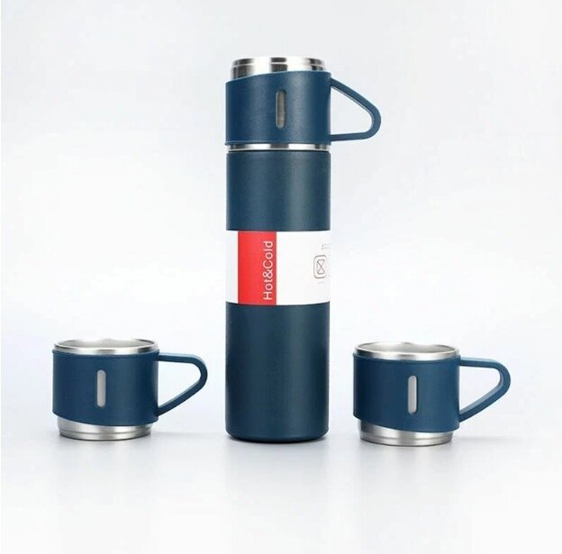Термокружка для кофе и чая, термос с кружками, подарочный набор, синий цвет - фотография № 3