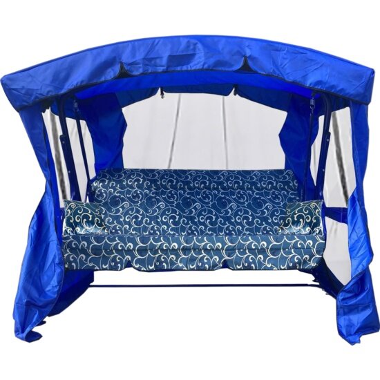 фото Качели садовые 3-х местные GARDEN STORY Ранго(каркас синий, м/э синий рис. вензель)2 уп.