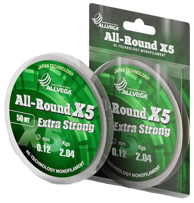 Леска монофильная Allvega All-Round X5, 50 м, 0,12 мм (2,04 кг), прозрачная