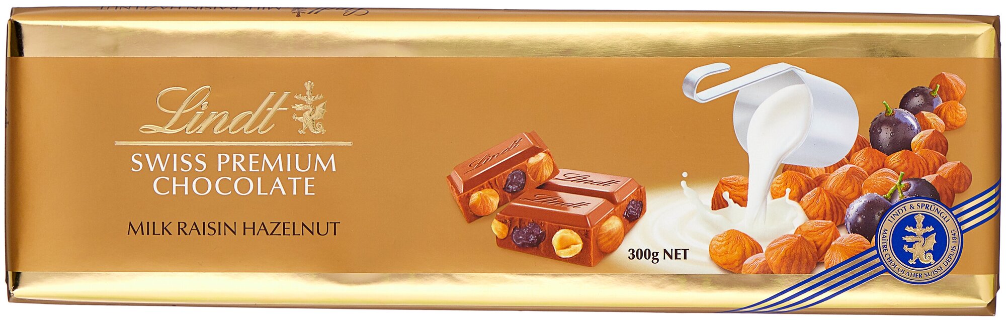 Шоколад Lindt Swiss Premium Chocolate молочный с изюмом и цельным фундуком 300 г (из Финляндии)