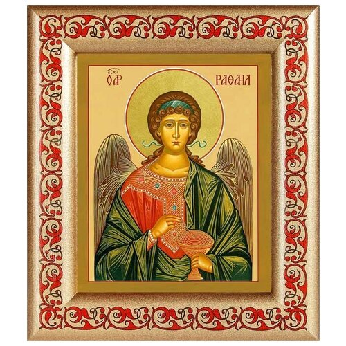 Архангел Рафаил поясной, икона в рамке с узором 14,5*16,5 см архангел рафаил поясной икона в широкой рамке 19 22 5 см