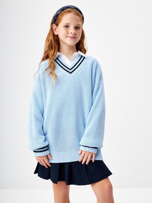 Пуловер Sela, длинный рукав, силуэт прямой, средней длины, размер 152, голубой